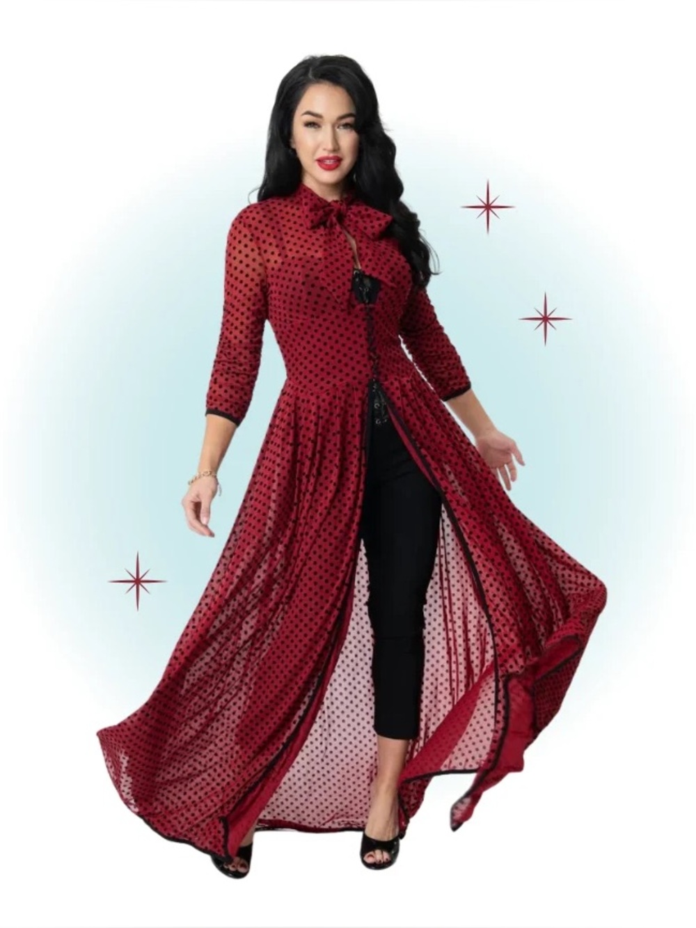 Unique Vintage Burgundy Polka Dot Tie-Neck Maxi Dress mรฉdium